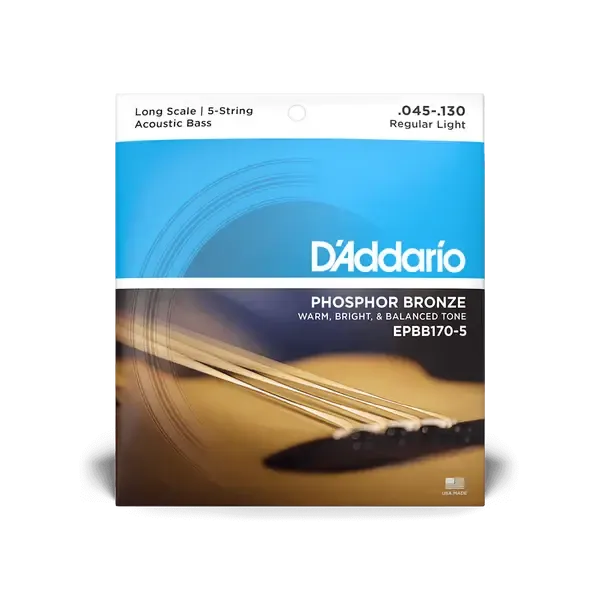 D'Addario 5-String Phosphor Bronze Acoustic Bass Strings | Long Scale | 45-130 (Regular Light)