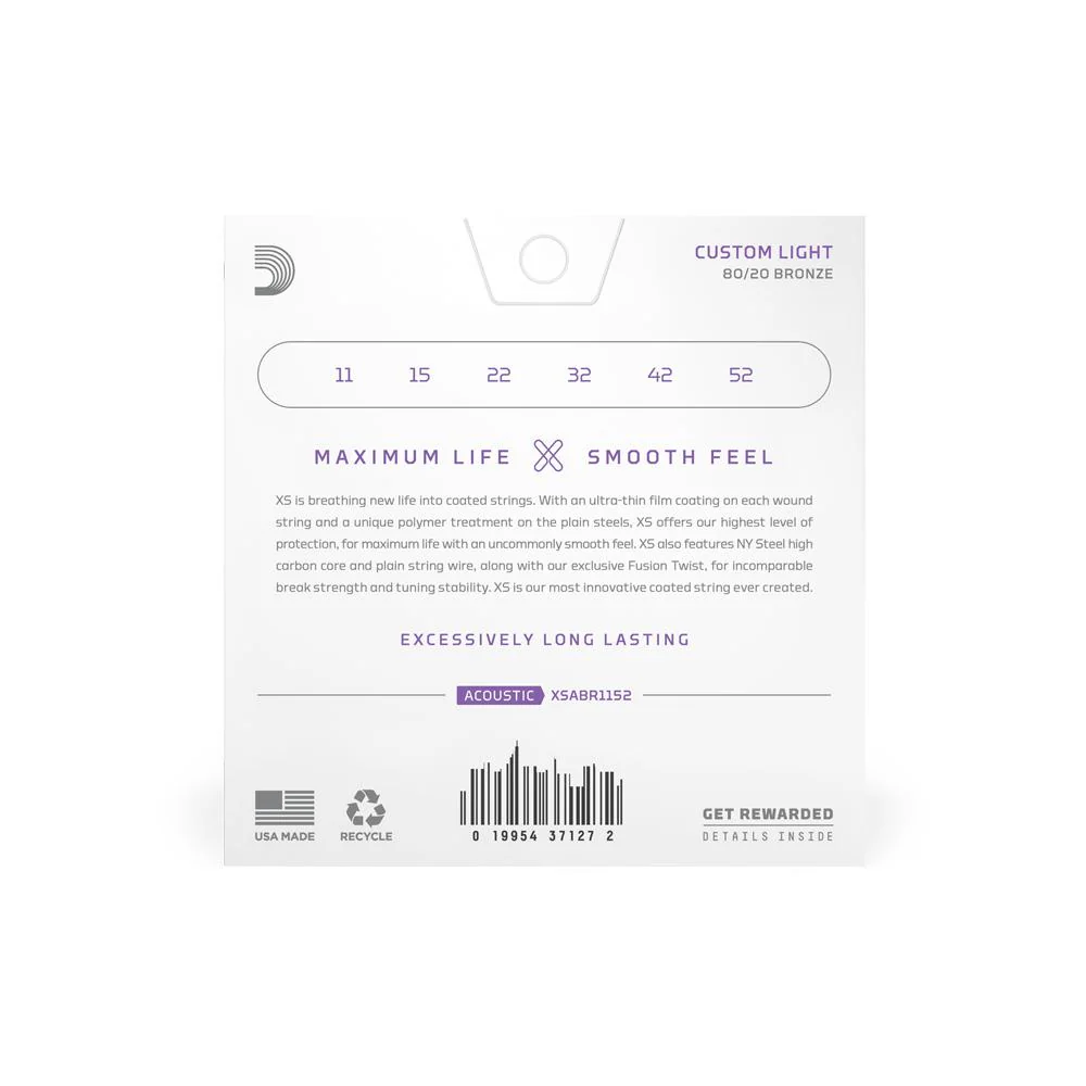 D'Addario XS Acoustic 80/20 Bronze Guitar Strings | 11-52 (Custom Light) | 3-Pack - Image 2