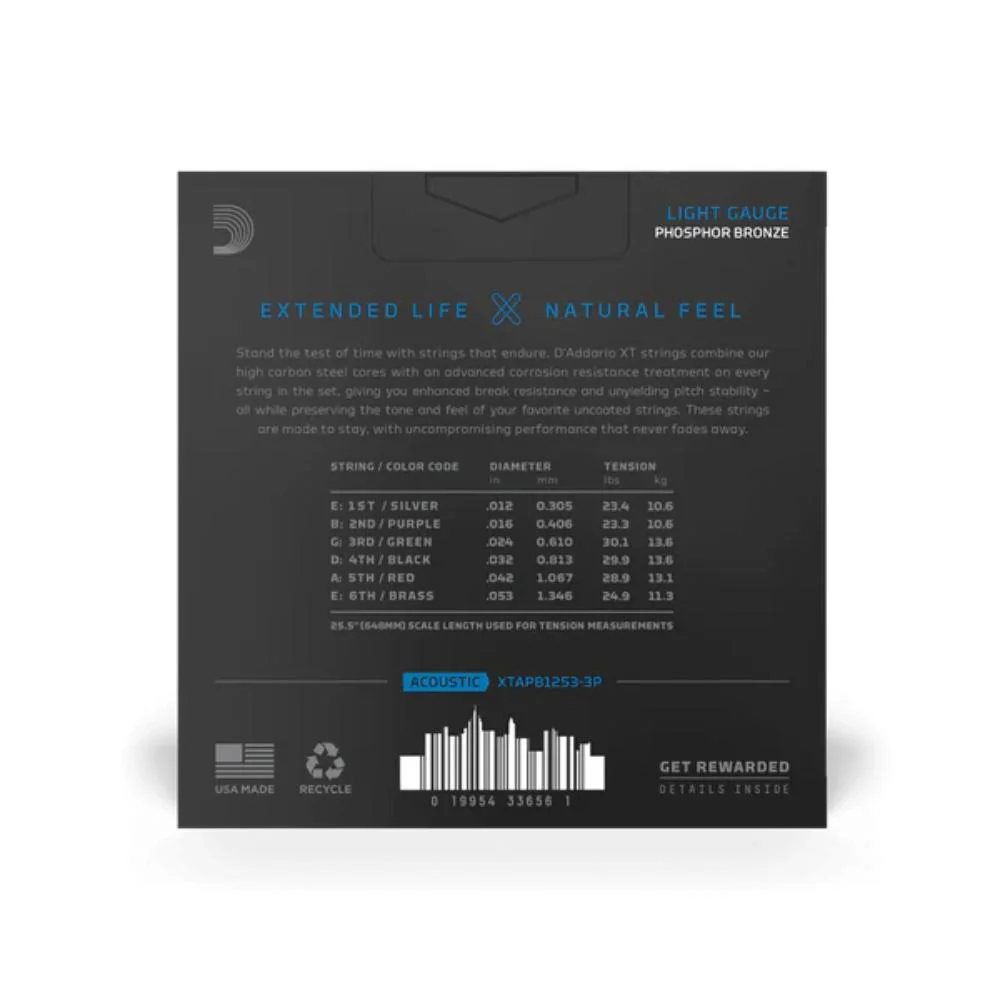 D'Addario XT Coated Phosphor Bronze Acoustic Guitar Strings | 12-53 (Light) | 3 Sets - Image 2