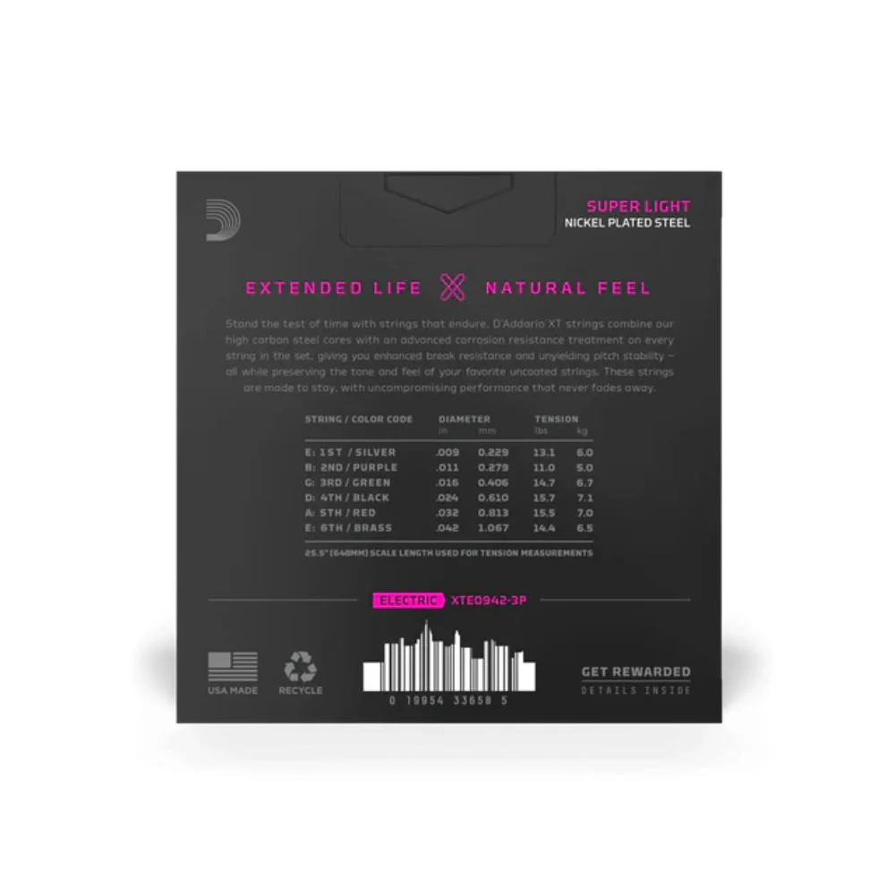 D'Addario XT Coated Electric Guitar Strings | 09-42 (Super Light) | 3 Sets - Image 2