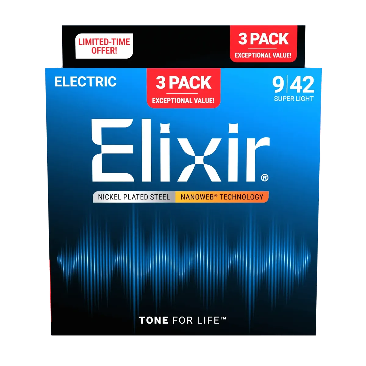 Elixir Nanoweb Nickel-Plated Steel Electric Guitar Strings | 9-42 (Super Light) | 3-Pack