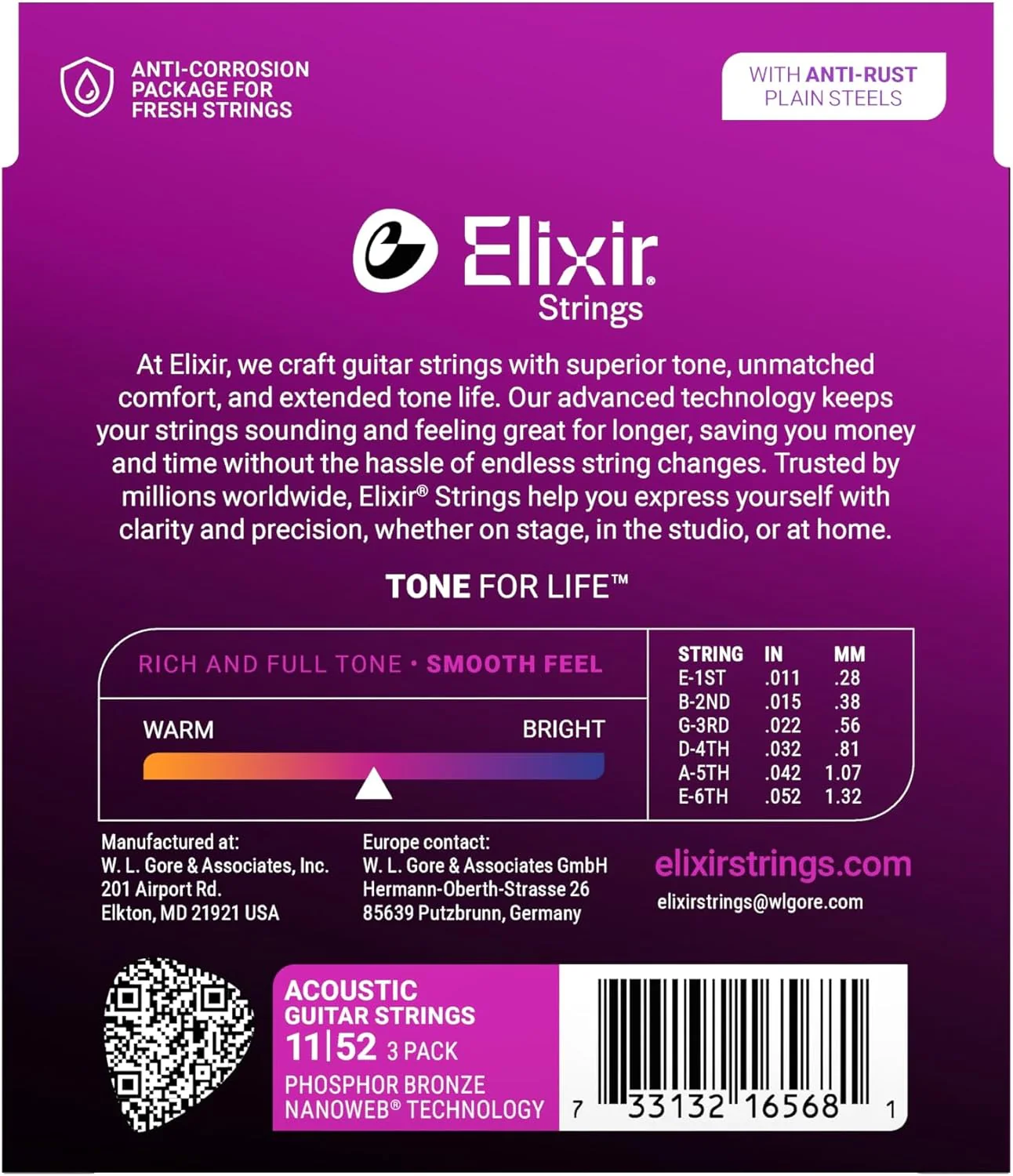 Elixir Nanoweb Phosphor Bronze Acoustic Guitar Strings | 11-52 (Custom Light) | 3-Pack - Image 2