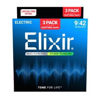Elixir Optiweb Nickel-Plated Steel Electric Guitar Strings | 9-42 (Super Light) | 3-Pack
