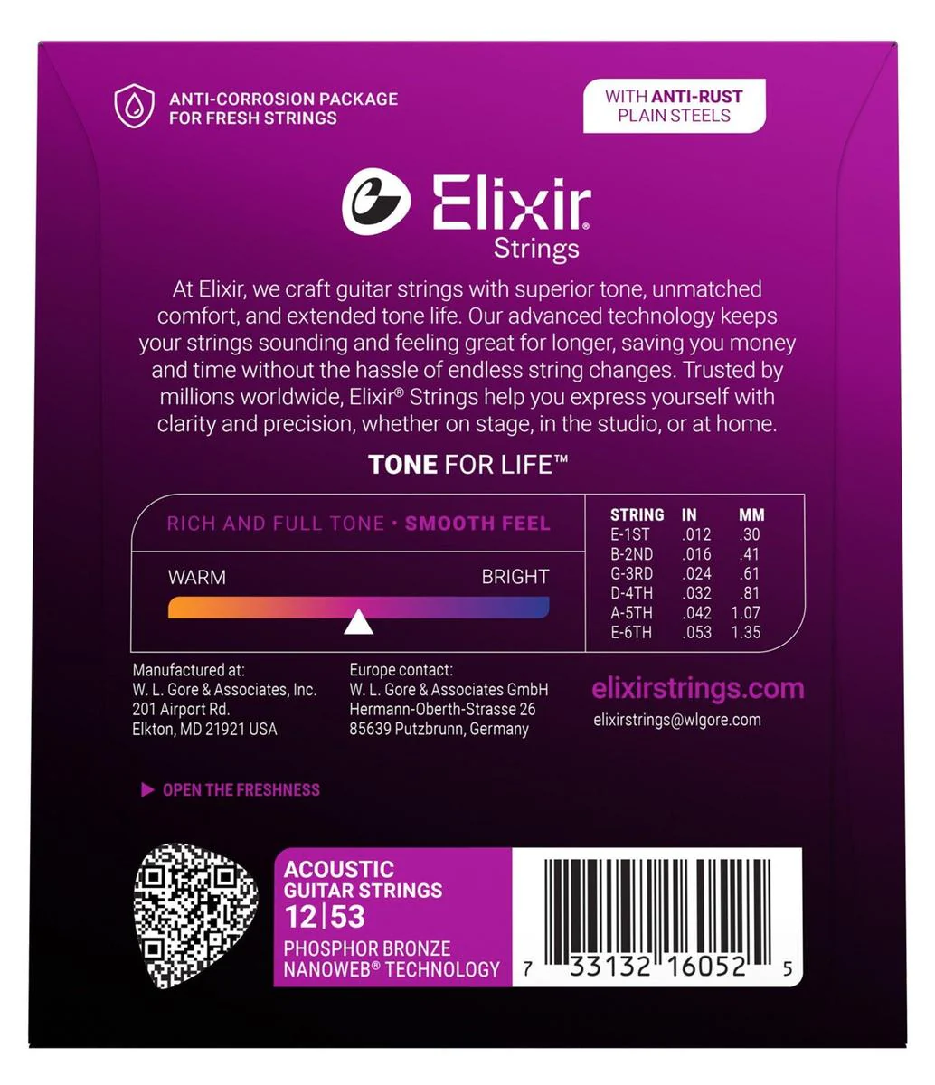 Elixir Nanoweb Phosphor Bronze Acoustic Guitar Strings | Light | 12-53 - Image 2