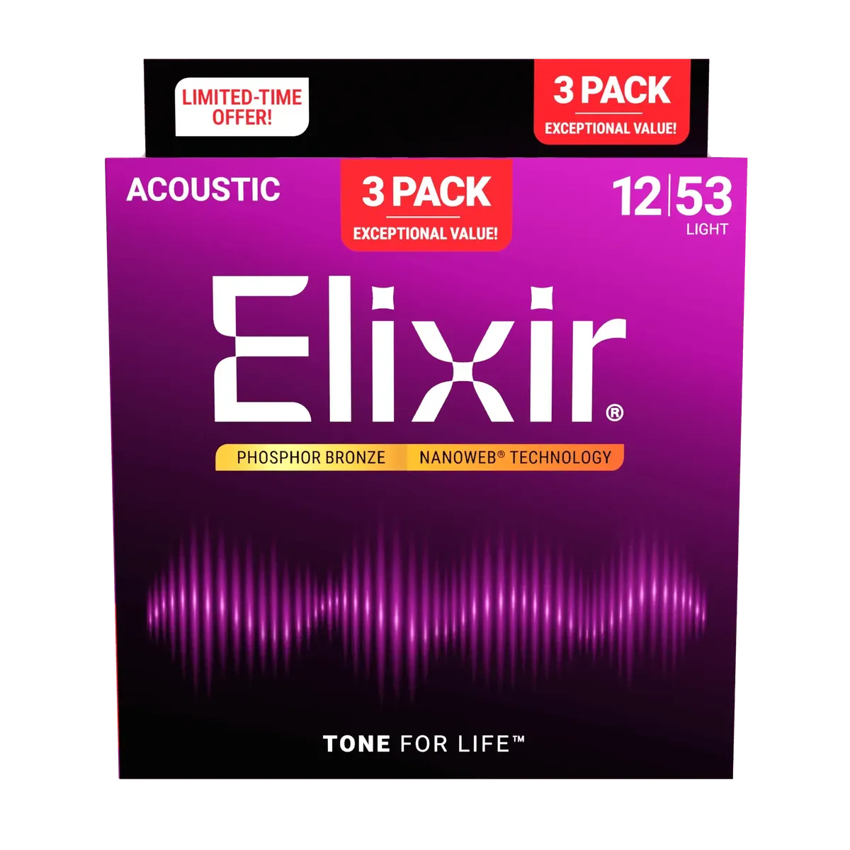 Elixir Nanoweb Phosphor Bronze Acoustic Guitar Strings | 12-53 (Custom Light) | 3-Pack