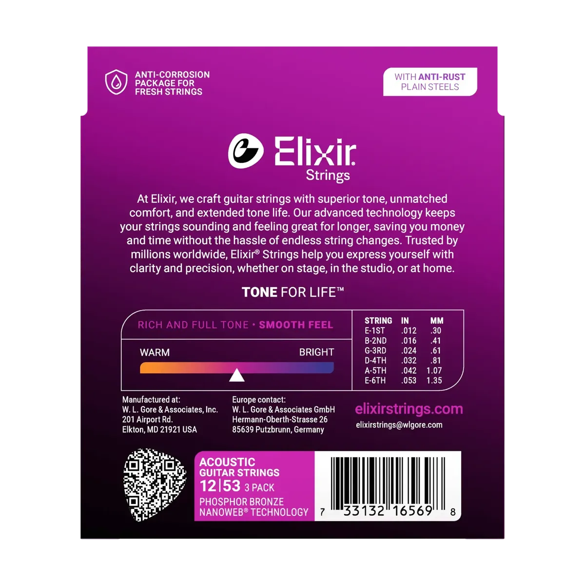 Elixir Nanoweb Phosphor Bronze Acoustic Guitar Strings | 12-53 (Custom Light) | 3-Pack - Image 2