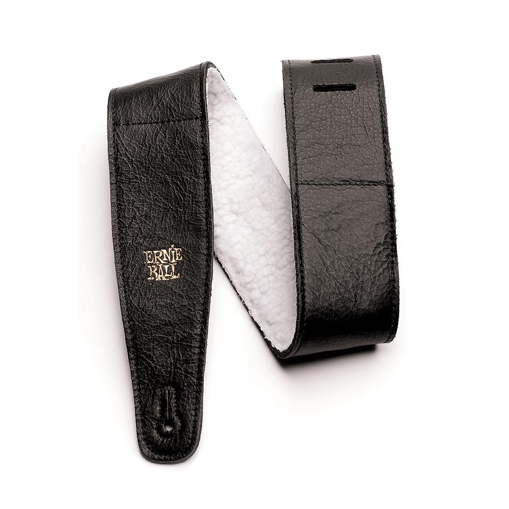 Ernie Ball Italian Leather Guitar Strap w/Fur Padding | Black (2.5" Wide)