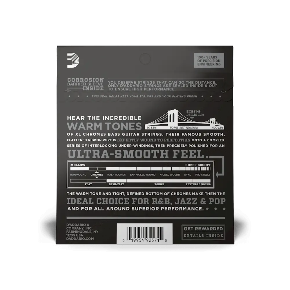 D'Addario XL Chromes Flatwound 5-String Bass Set - Image 2